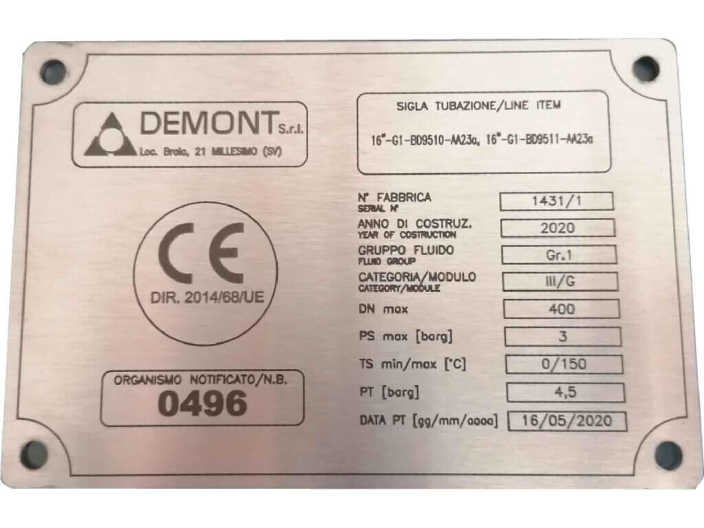 targhetta rettangolare in acciaio inox satinato con marcatura laser nera indelebile